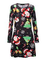 Robe Noël Imprimé Courte à Col Rond avec Manches Longues Coupe Cintrée Robe T-shirt