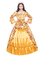 Robe Orange Retro Costumes Noeuds Volants Satin Style Victorien Imprimé Fleur Robe Femmes Vêtements Vintage Déguisements Halloween