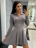 Robe patineuse à col polo grise décontractée à manches longues évasées et sexy pour femmes 2025