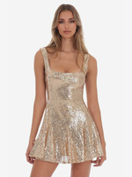 Robe patineuse à paillettes dorées col carré ligne A robe mini à bretelles pour fête danniversaire pour femmes 2025