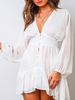 Robe patineuse blanche en polyester col en V boutons manches longues robe évasée décontractée robe dété mi-longue