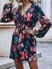 Robe patineuse bleu profond femme col en V à manches longues plissée sexy robe midi
