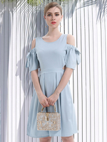 Robe Patineuse Bretelles en Polyester Cou Bleu Ciel Clair Décontractée Manches Courtes Robe Moulante