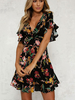 Robe Patineuse Courte Femme Imprimé Fleurie en Mousseline à Col V avec Manches Courtes Amples Coupe Cintrée Bas Evasée Robe Eté Robe Sexy
