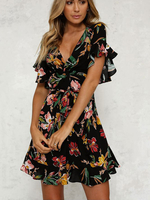 Robe Patineuse Courte Femme Imprimé Fleurie en Mousseline à Col V avec Manches Courtes Amples Coupe Cintrée Bas Evasée Robe Eté Robe Sexy