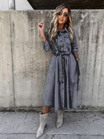 Robe Patineuse en Denim Longue Femme à Col Revers avec Manches Longues Coupe Cintrée à Lacets Bas Evasée Unicolore Robe Eté Sexy
