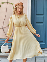 Robe Patineuse en Mousseline Longue Femme à Col Rond avec Manches Longues Coupe Cintrée Bas Evasée Unicolore
