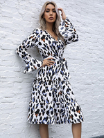 Robe Patineuse Imprimé Animal Femme Mi-longue à Col V avec Manches Longues Amples Coupe Cintrée à Lacets Bicolores Robe Sexy