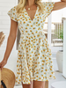 Robe Patineuse Imprimé Fleurie à Col V avec Manches Courtes Volantes Coupe Cintrée Bas Evasée Robe Eté