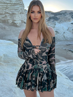 Robe patineuse imprimée licou col en V épaules dénudées manches longues mini robes évasées sexy pour femmes 2025