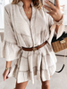 Robe patineuse légère en polyester abricot col en V plissée décontractée manches longues midi