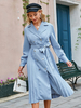 Robe Patineuse Longue Femme à Col Revers avec Manches Longues Coupe Cintrée à Lacets Bas Evasée avec Boutons Unicolore Robe Sexy
