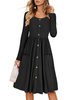 Robe Patineuse Mi-longue Femme Eté à Col Rond avec Manches Longues avec Poche et Boutons Bas Evasée Coupe Cintrée Unicolore Robe de Plage Robe Eté