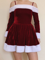 Robe Patineuse Noël à Col Décolleté avec Manches Longues Coupe Cintrée Unicolore