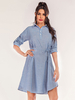 Robe Patineuse Rayures Motif Coton Col Rabattu Ceinture Bleu Ciel Clair Décontracté Demi Manches Robe Évasée