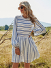 Robe Patineuse Rayures Motif Polyester Col Bijou Plissé Blanc Décontracté Manches Longues Robe Évasée