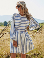 Robe Patineuse Rayures Motif Polyester Col Bijou Plissé Blanc Décontracté Manches Longues Robe Évasée