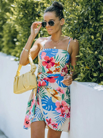 Robe patineuse rouge à imprimé floral avec bretelles en polyester au cou Robe évasée sans manches décontractée