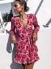 Robe portefeuille femme rouge col en V manches longues à volants robe florale à lacets
