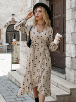 Robe Portefeuille Imprimé à Col V avec Manches Longues Amples Coupe Cintrée Bas Volant Bicolores Robe Femme