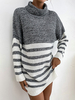 Robe Pull Droite Imprimé Rayures Courte à Col Montant avec Manches Longues Bicolores Robe Femme