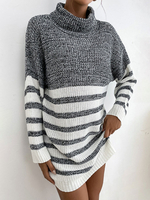 Robe Pull Droite Imprimé Rayures Courte à Col Montant avec Manches Longues Bicolores Robe Femme