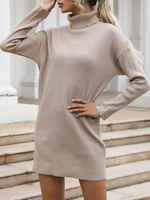 Robe Pull en Côtelé Courte Femme à Col Montant avec Manches Longues Coupe Cintrée Uncolore