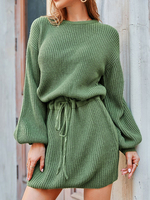 Robe Pull en Côtelé Courte Femme à Col Rond avec Manches Longues Coupe Cintrée à Lacets Unicolore Robe Femme