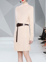 Robe Pull en Côtelé Mi-longue Femme à Col Montant avec Manches Longues Coupe Cintrée Unicolore