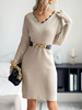 Robe Pull en Côtelé Mi-longue Femme à Col V avec Manches Longues Coupe Cintrée Bicolores