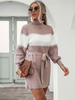 Robe pull femme avec ceinture belle bloc col haut manches longues polyester robe tricotée décontractée