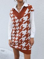 Robe Pull Imprimé en Côtelé Sans Manches Gilets à Col V Bicolores