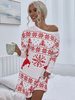 Robe Pull Noël en Côtelé Imprimé Femme Courte à Col Rond avec Manches Longues Bicolores