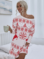 Robe Pull Noël en Côtelé Imprimé Femme Courte à Col Rond avec Manches Longues Bicolores