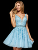 Robe rentrée scolaire robe de cérémonie baby bleu col V en dentelle longueur au dessus de genoux