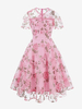 Robe rétro à col bijou des années 1950 style Audrey Hepburn brodée transparente manches courtes rose vintage robe rockabilly