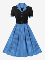 Robe rétro à col rabattu et ceinture style Audrey Hepburn des années 1950 manches courtes pois moyen robe rockabilly