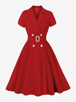 Robe rétro à col rabattu et ceinture style Audrey Hepburn des années 1950 manches courtes robe rockabilly bicolore rouge moyen
