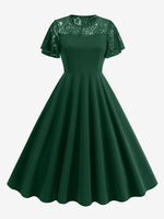 Robe Rétro Années 1950 Audrey Hepburn Dentelle Manches Courtes Robe Vert Foncé Vintage