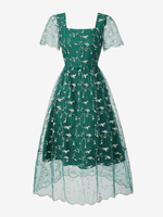 Robe rétro brodée florale A-line à manches courtes col carré années 1950 style Audrey Hepburn robe mi-longue verte pour femme 2025