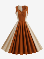 Robe Rétro Café Marron Bicolore 1950 Style Audrey Hepburn Sans Manches Col En Cœur Trapèze