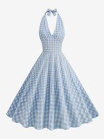 Robe Rétro Col En V Des Années 1950 Sans Manches À Carreaux Bleu Ciel Clair Moyen Dos Nu Vintage