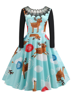 Robe rétro de Noël des années 1950 bébé bleu en couches femme découpée à manches longues bijou cou robe Rockabilly