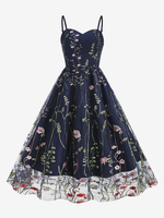 Robe Rétro Des Années 1950 À Bretelles Cou Brodé Sans Manches Robe Rockabilly Imprimée