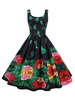 Robe rétro des années 1950 à bretelles cou sans manches longue robe à imprimé floral vert Swing