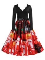 Robe rétro des années 1950 à col en V manches longues femme modèle Rockabilly Robe de Noël