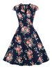 Robe rétro des années 1950 à imprimé floral bleu marine foncé pour femme; robe rockabilly à col en V et manches courtes