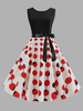 Robe rétro des années 1950 à motif imprimé rouge Sash sans manches Jewel Neck Swing Dress