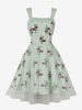 Robe Rétro Des Années 1950 Audrey Hepburn Style Col Carré À Bretelle Robe Imprimé Fleuri Vert Clair Robe Trapèze