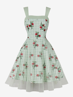 Robe Rétro Des Années 1950 Audrey Hepburn Style Col Carré À Bretelle Robe Imprimé Fleuri Vert Clair Robe Trapèze
